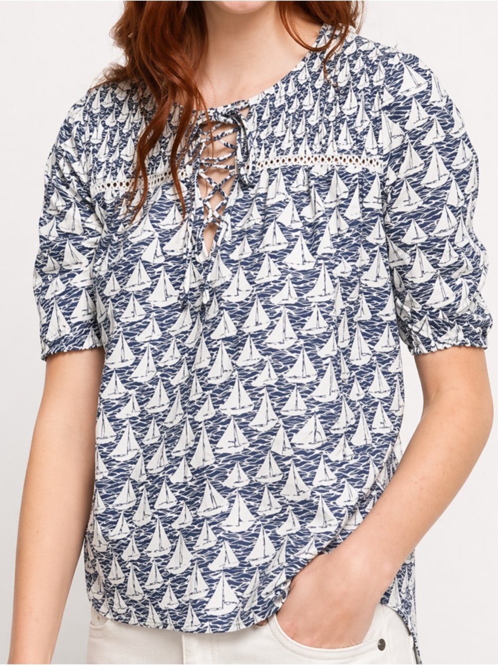 DEBY DEBO Melodie Sailboat Print Cotton Hi-Lo Blouse S Blue White Lace-Up Top